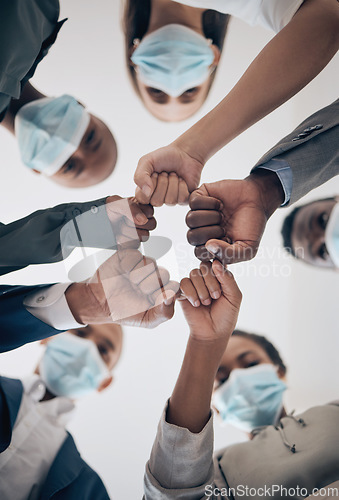 Image of Fist, covid face mask or business people unity, teamwork compliance or collaboration to stop global bacteria. Zoom on worker hands or office women in support, trust or motivation against corona virus