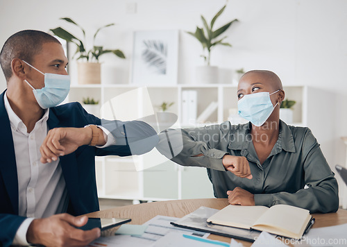 Image of Covid face mask and business people in meeting with elbow greeting, teamwork and collaboration together in the workplace or office. Corporate workers with motivation planning strategy in corona virus