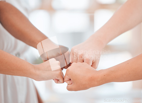 Image of Fist bump teamwork, motivation and collaboration or hands emoji sign for commitment, solidarity and goal. Diversity business people group or community together in support, motivation or mission