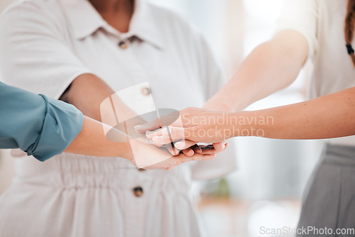 Image of Group hands, motivation and team building trust mission for success, partnership deal and winner support together. Closeup of women, global community celebrate and diversity collaboration achievement