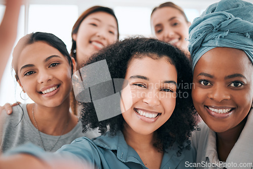 Image of Teamwork selfie, business women and fun creative people for social media, contact us or about us company website. Portrait, happy smile or office diversity friends for global empowerment photograph