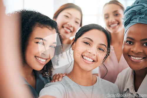 Image of Diversity business women in selfie with smile for success, motivation and happiness with teamwork for company social media content. Young group of people or influencer in female empowerment portrait