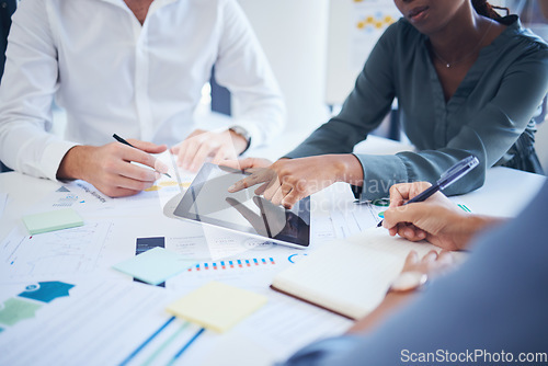 Image of Hands of team with tablet and paperwork for planning company business meeting, collaboration and teamwork. Management, diversity and corporate staff writing in notebook success strategy for agency