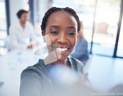 Image of Business, black woman presentation and writing on whiteboard office planning, work meeting and strategy idea. Face of happy african marketing mentor training for goal, our vision and seminar manager