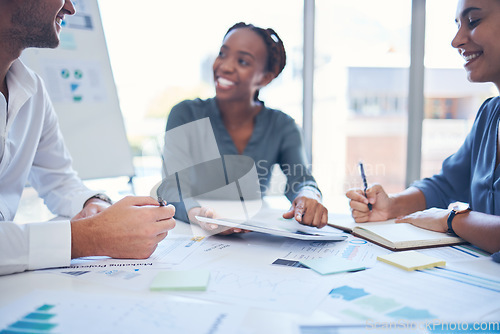 Image of Business people, analytics and meeting discussion for documents, paperwork and research at the office. Group of analysts in teamwork collaboration, strategy and plan for company statistics or goals