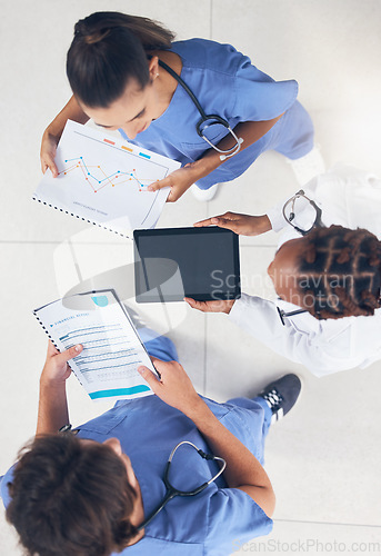 Image of Doctors and nurse meeting with tablet, finance report and hospital growth chart document planning and analysis. Group of people in medical healthcare communication of clinic budget with technology