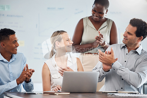 Image of Business people applause for promotion success, achievement and winner motivation in office meeting. Happy diversity staff, onboarding celebration and support of goal, bonus and team congratulations