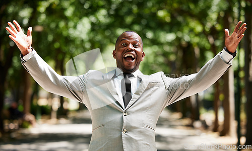 Image of Excited businessman with success, winning and celebration portrait for bonus, achievement and career goal. Black man entrepreneur, corporate worker or professional winner celebrate sale and profit