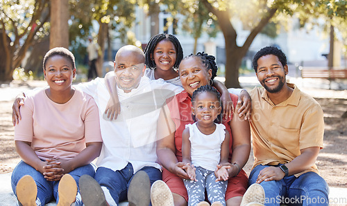 Image of Happy portrait of a black family in nature with mother, grandparents and children smiling next to father. Mom, dad and kids love quality time with senior African woman at a park in summer on holiday