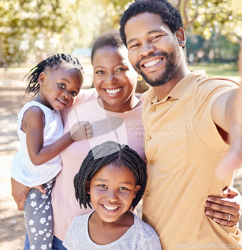 Image of Happy black family take a selfie in nature on a holiday vacation trip together enjoy quality time at a kids park. Smile, happiness and African girls love taking pictures with their mother and father