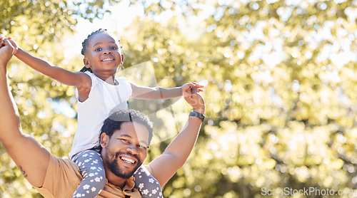 Image of Happy, playful and fun father and girl in their backyard on a sunny day. Portrait of energetic dad playing and bonding with his child. African family smile and spend time together on the weekend