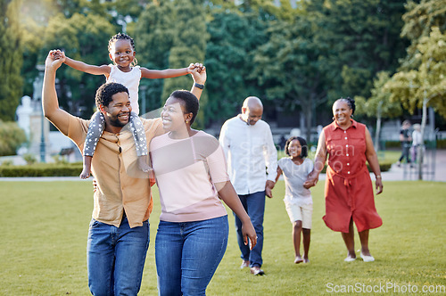 Image of Generation of happy family walking in park, garden and summer nature outdoors to relax, bonding during quality time. Black people with grandparents, parents and children in love, care and support