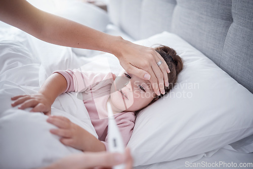 Image of Sick, virus and fever child bedroom with mother feeling hot forehead, thermometer temperature and healthcare problem test results. Young girl kid resting at home for medical symptoms and covid risk
