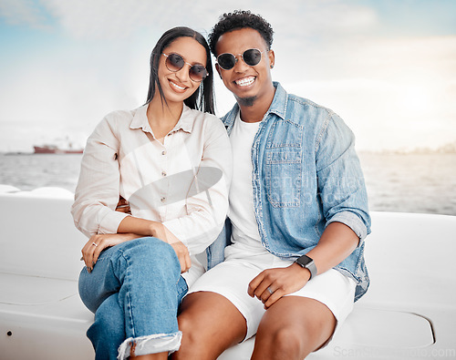 Image of Happy couple on yacht, summer sea travel and monaco ocean in blue sky. Luxury vacation trip to relax, woman with beautiful smile and young rich man with fashion sunglasses in sunshine together