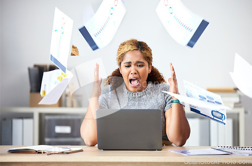 Image of Stress business woman throwing paperwork documents in anger, frustrated and 404 laptop glitch in office. Anxiety, angry and shouting worker with internet problem, burnout crisis and online risk fear