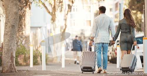 Image of Couple travel on holiday, walking city street of sydney and honeymoon summer vacation together. Tourist man with luggage, woman with suitcase in road and urban journey to accommodation location