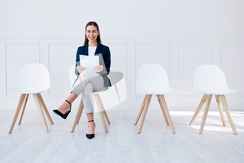 Image of Recruitment, hiring and business woman in waiting room for corporate company or agency job interview. Portrait of happy, smile and confident girl with resume, paper and documents for HR opportunity.