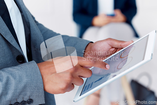 Image of Business man hands, tablet planning and annual report big data, research and office management. Manager digital marketing, kpi finance strategy and internet stats analytics for financial economy apps