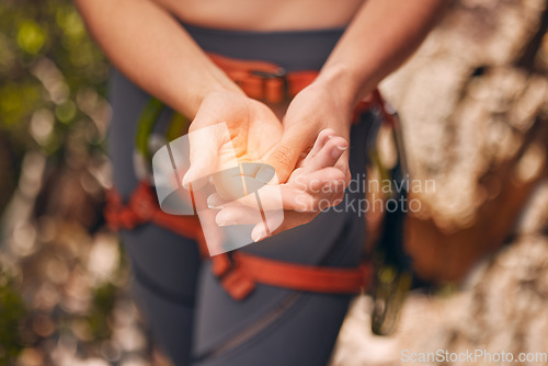 Image of Fitness, sport and hand injury overlay of woman during training, hiking and exercise outdoor in nature. CGI of discomfort or pain from cramp during workout or sports health in a forest