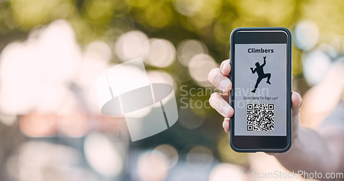 Image of Qr code, adventure and rock climbing trail in nature sign up for trekking and hiking sports tech. Verification access for public safety and identification in fitness venue with phone app.