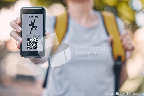 Image of Person with phone and rock climbing app on a qr code scan on screen, logo or icon available for software download. Extreme sport application on mobile smartphone for climbers to join group or team