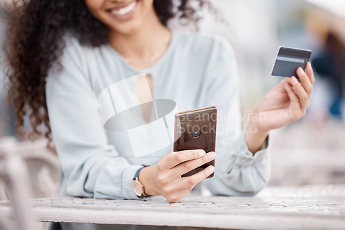 Image of Ecommerce, credit card and woman online shopping on smartphone for digital payment website. Happy customer typing security bank information on safe e commerce, banking or fintech software application