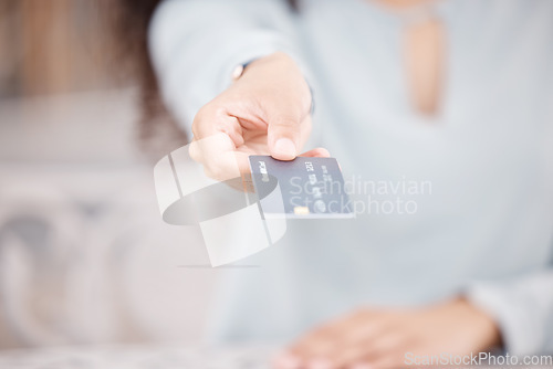 Image of Hand of woman with credit card, money or finance, payment or purchase. Investment, buying goods or online shopping girl, banking or cash, wealth or fintech, savings or economy, ecommerce or trading