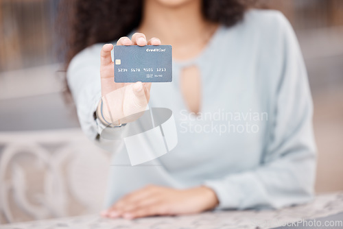 Image of Credit card, bank payment and budget money in savings. Woman holding card in hand, cash loan purchase and financial advisor in circular economy. Finance transaction, banking sale and debt interest