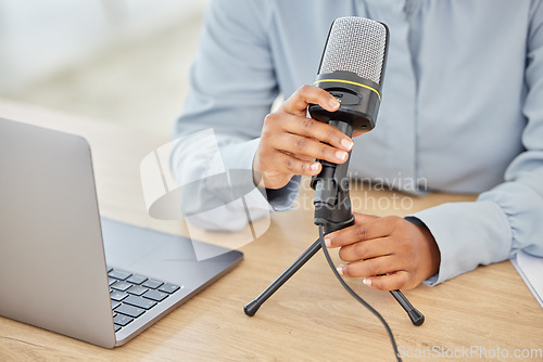 Image of Microphone, laptop or hands of black woman on podcast, blogger or podcaster recording. Talking on mic for talk show, radio host or audio equipment for live broadcast, influencer speaking or dialogue