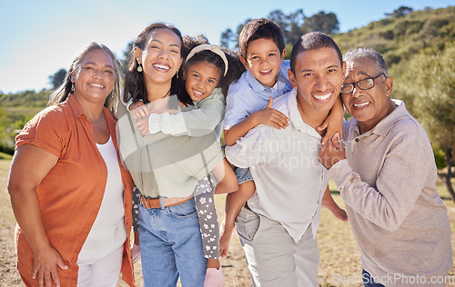 Image of Big family, portrait and happy smile of mom, dad and children on a hike or walk with grandparents. Happiness of people from Mexico on a walking and hiking trip in nature with happiness together