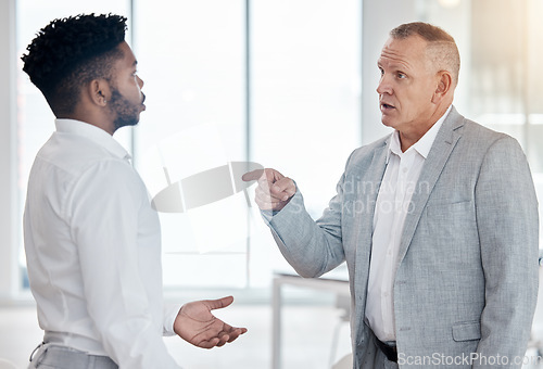 Image of Angry businessman executive and finger pointing for conflict mistake or KPI fail. Corporate boss, ceo or manager unhappy, frustrated or stress fight with employee for bad job or career review results