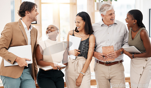 Image of Laughing, global company or teamwork collaboration of marketing men or women diversity in creative startup office. Happy smile or comic business people and technology, paper or documents for about us