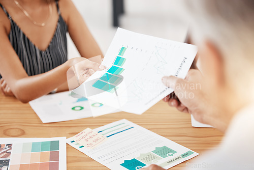 Image of Business meeting hands giving marketing documents, budget and planning for research, financial sales and data. Company team management consulting paper analytics, investment growth and finance review