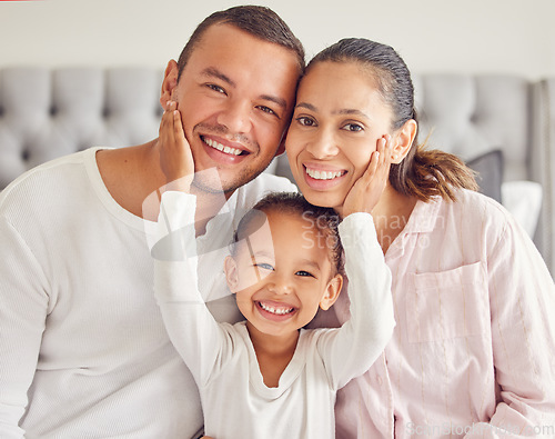 Image of Happy family, morning bonding and love from child with mother and father in their bedroom after waking up and wearing pajamas. Portrait of man, woman and daughter showing smile and close bond at home