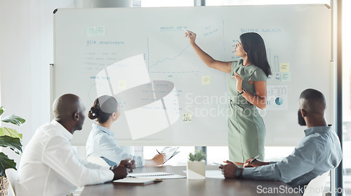 Image of Businesswomen uses whiteboard for presentation of research, strategy and vision to colleagues to grow their company. Using her leadership skills, she speaks to other employees to give a sales talk