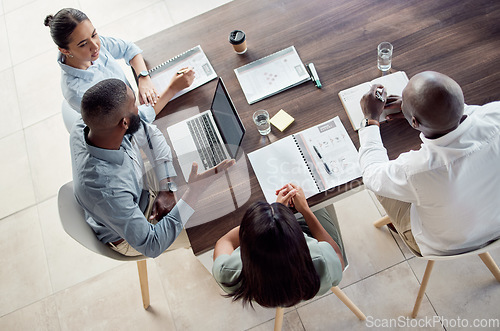 Image of Business people in finance meeting with laptop, document report and notebook for company financial profit, strategy planning and marketing goal. Teamwork discussion and group manager KPI feedback