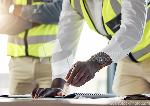 Image of Construction team, architect show plan or blueprint to worker, for work on building or development. Black contractor or engineer, with safety clothing planning new design or architecture sketch