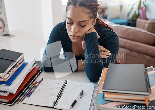 Image of Study, home and sleep for student with books, textbook and notebook for university, college or school studies. Education, learning or tired black woman sleeping after studying hard for knowledge test