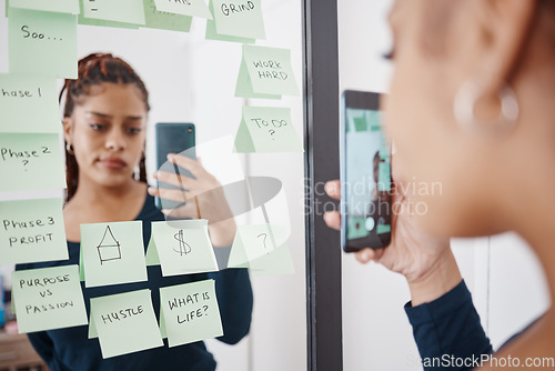 Image of Woman entrepreneur with mirror selfie and sticky note for business planning with a sad, confused face. Startup girl with problem, anxiety or project fail and stress for future budget or finance debt