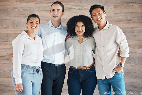 Image of Business people portrait for teamwork, diversity and trust in a creative, innovation and happy company, ngo or startup. Group of people with smile for internship opportunity and staff hug together