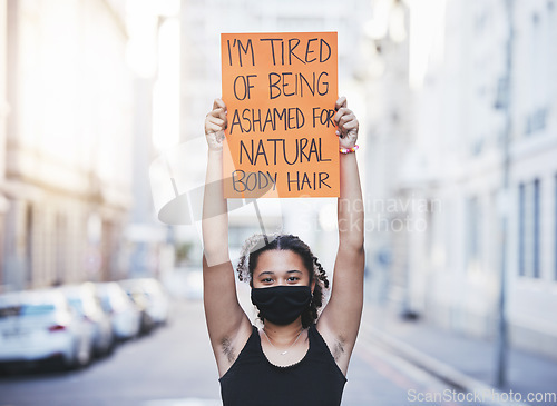 Image of Women human rights, hair removal choice and protest, rally and feminist revolution against beauty standards, freedom and gender equality. Woman showing hairy body armpit, justice and poster opinion