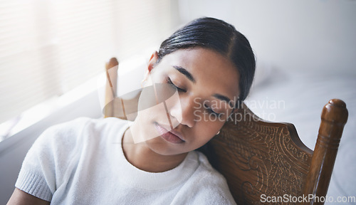 Image of Depression, tired and sleeping woman for mental health, anxiety and stress about life fail, crisis and trauma. Sad, depressed and lonely young person with psychology problem, burnout and sick fatigue