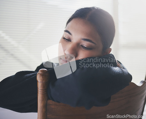 Image of Depression, sad and mental health woman thinking in house room, home interior or psychology rehabilitation. Stress burnout, anxiety or divorce person in community help accountability after audit debt