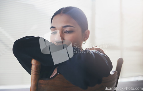 Image of Depression woman, mental health and anxiety thinking about suicide, life stress and trauma crisis. Sad, scared and lonely young girl student with fear of bullying problem, panic attack and worried