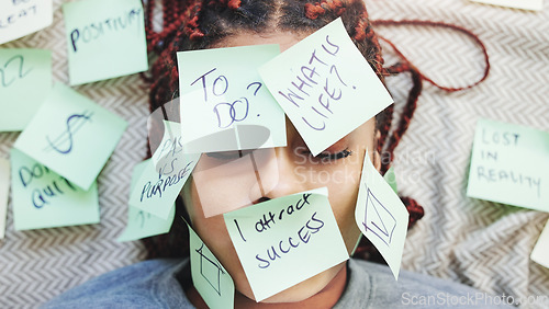 Image of Sticky note, sleeping face and busy woman tired from working, frustrated with office work and burnout stress from startup company. Sad manager with career problem and job reminder on head