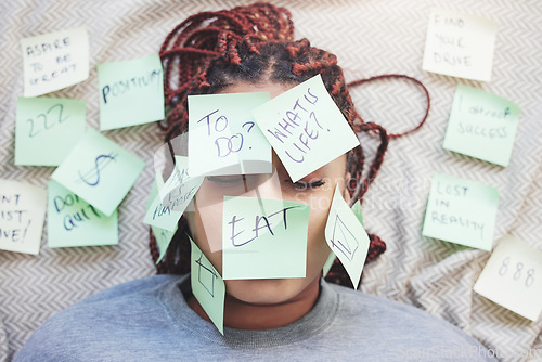 Image of Sticky note, stress and woman with questions on face for frustrated lifestyle management thoughts. Thinking girl with schedule logistics anxiety in panic mental mindset with memo and reminder.