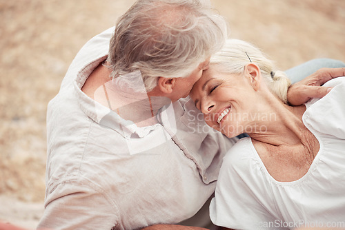 Image of Retirement, love and forehead kiss with couple together for care, relationship and milestone. Happiness, support and relax with married elderly man kissing old woman, on her head for romance holiday