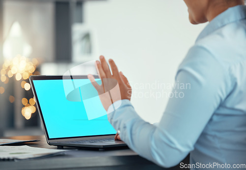 Image of Green screen on laptop, a woman uses hand to test video quality and starts streaming meeting with 5g technology. Helping global online communication for staff, stable internet connection and teamwork