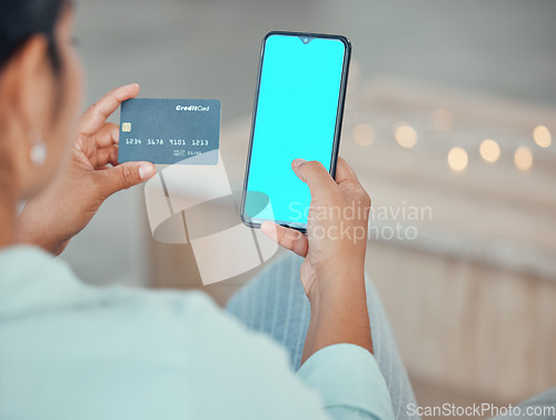 Image of Ecommerce, credit card and woman with green screen phone mockup in hand for a payment, online shopping and banking. Female using fintech app and paying on internet with website app on 5g smartphone