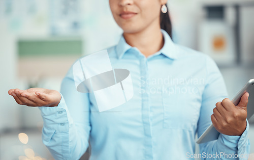 Image of Business woman with open palm, hand and tablet, startup business funding or receiving gesture. Connection, support or charity collection, giving sign or presenting product idea, welcome or thank you.